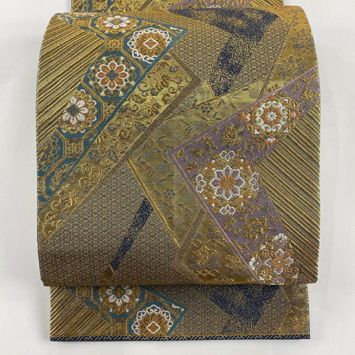 袋帶 秀品級 華紋 草花紋紋 刺繡 金絲 金色 六通 純蠶絲