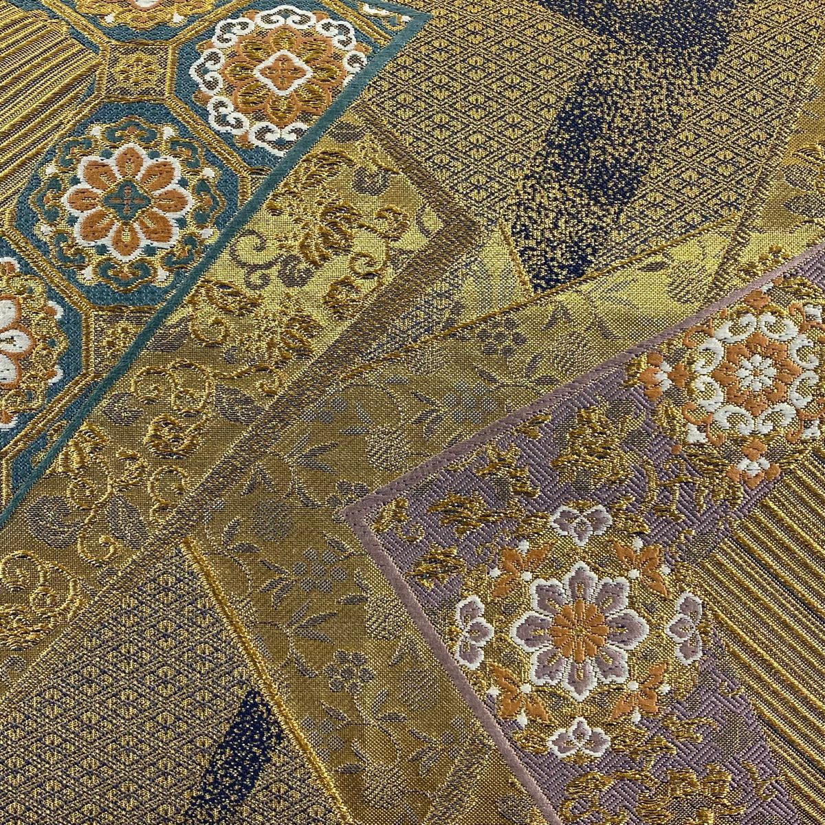 袋帶 秀品級 華紋 草花紋紋 刺繡 金絲 金色 六通 純蠶絲