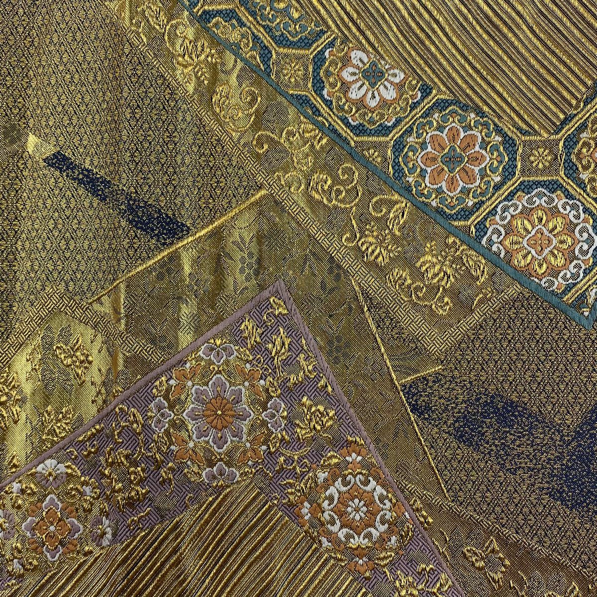 袋帶 秀品級 華紋 草花紋紋 刺繡 金絲 金色 六通 純蠶絲