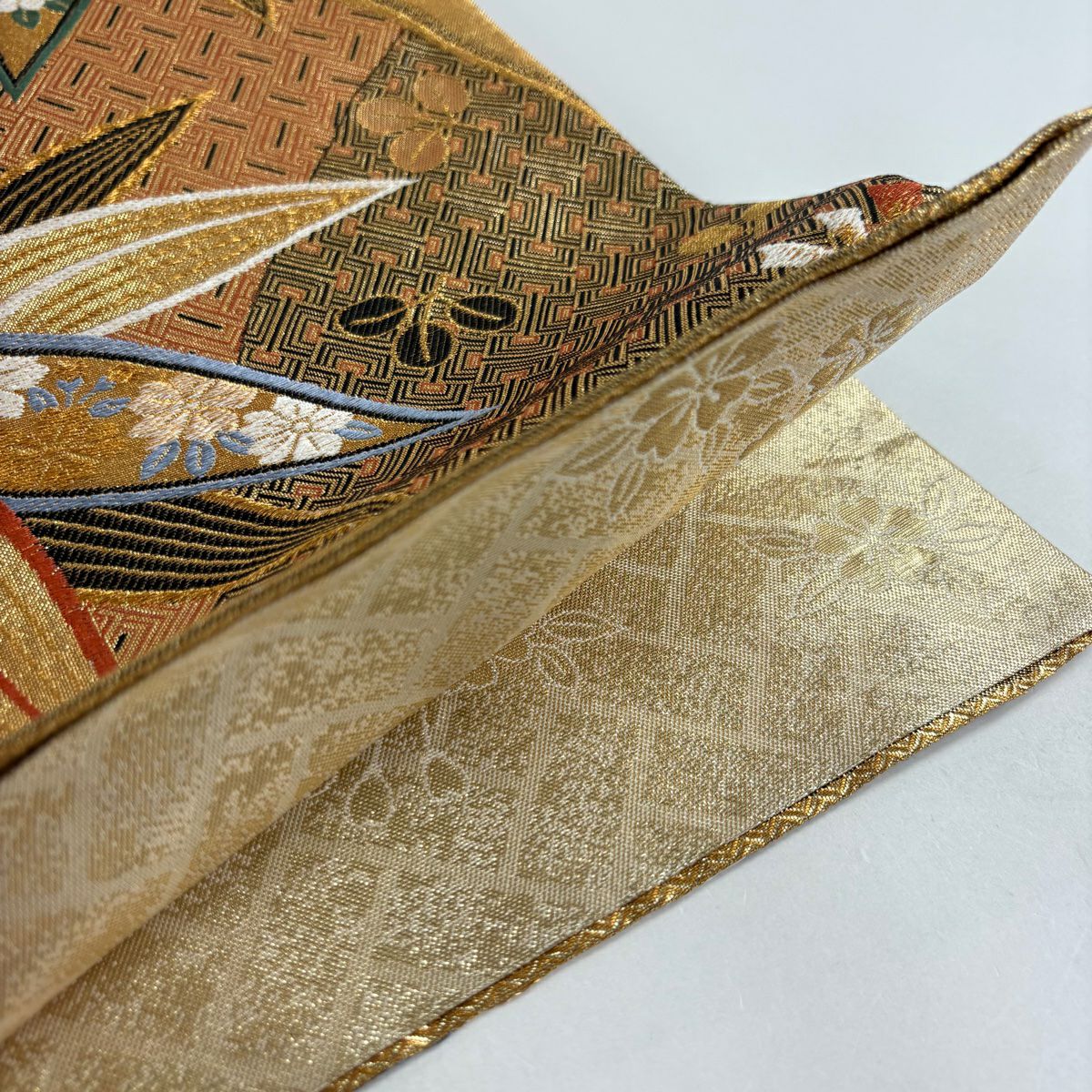 袋帶 秀品級 竹子葉 萩花 金金箔 橙色 六通 純蠶絲