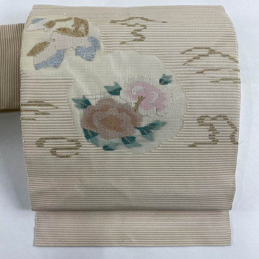 名古屋帶 秀品級 夏帶 絽 草花紋紋 霞 金金箔 米色 純蠶絲