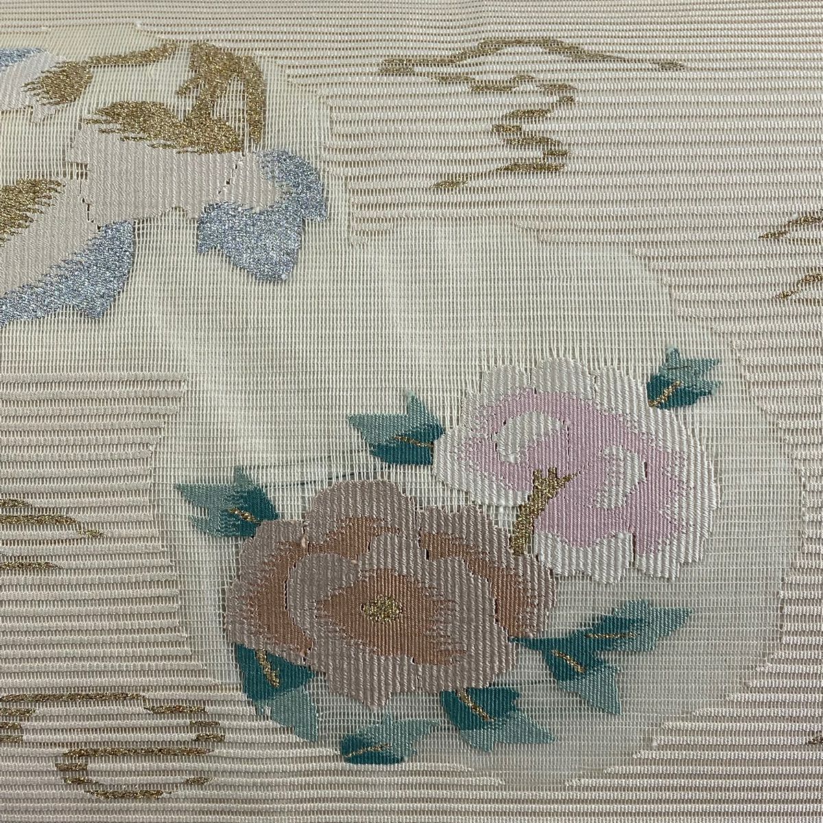 名古屋帶 秀品級 夏帶 絽 草花紋紋 霞 金金箔 米色 純蠶絲