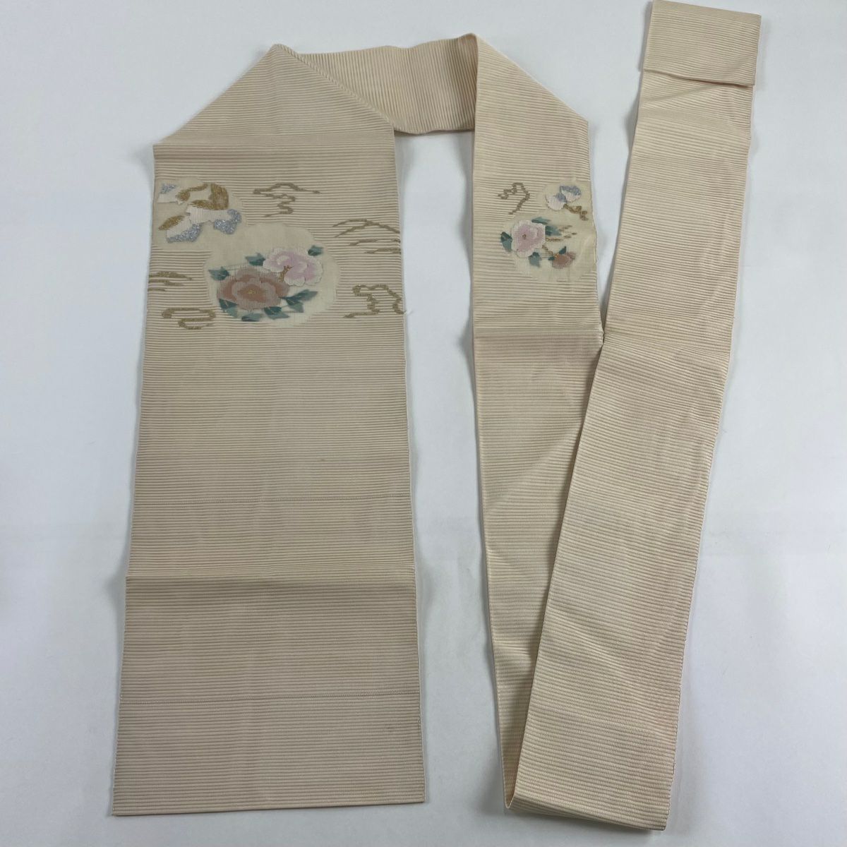名古屋帶 秀品級 夏帶 絽 草花紋紋 霞 金金箔 米色 純蠶絲