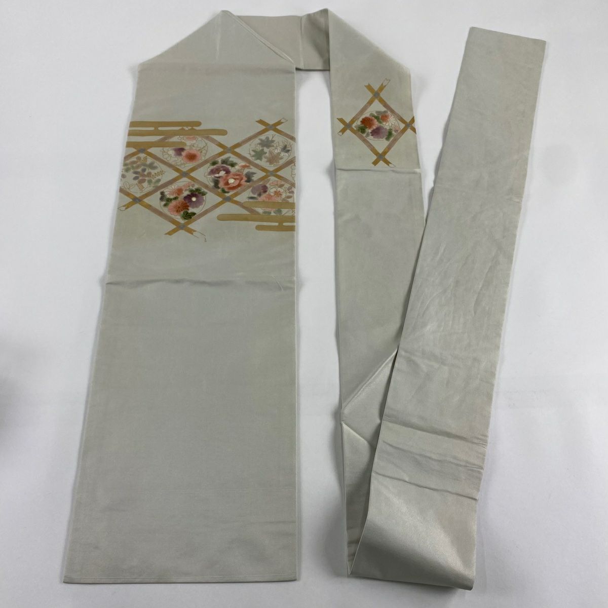 名古屋帶 秀品級 草花紋紋 格天井 螺鈿 金銀彩 淺綠 純蠶絲