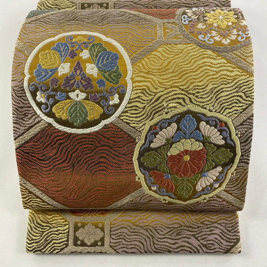 袋帶 秀品級 華紋 蜀江文 刺繡 金金箔 山吹茶 六通 純蠶絲