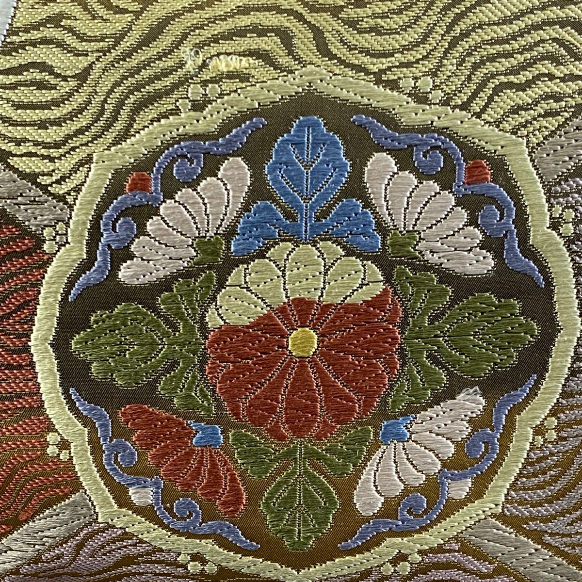袋帶 秀品級 華紋 蜀江文 刺繡 金金箔 山吹茶 六通 純蠶絲