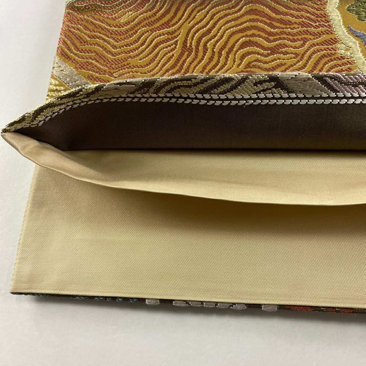 袋帶 秀品級 華紋 蜀江文 刺繡 金金箔 山吹茶 六通 純蠶絲