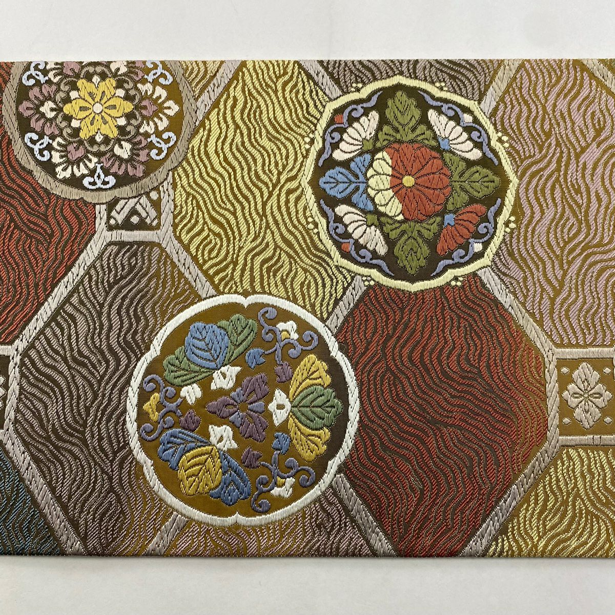袋帶 秀品級 華紋 蜀江文 刺繡 金金箔 山吹茶 六通 純蠶絲