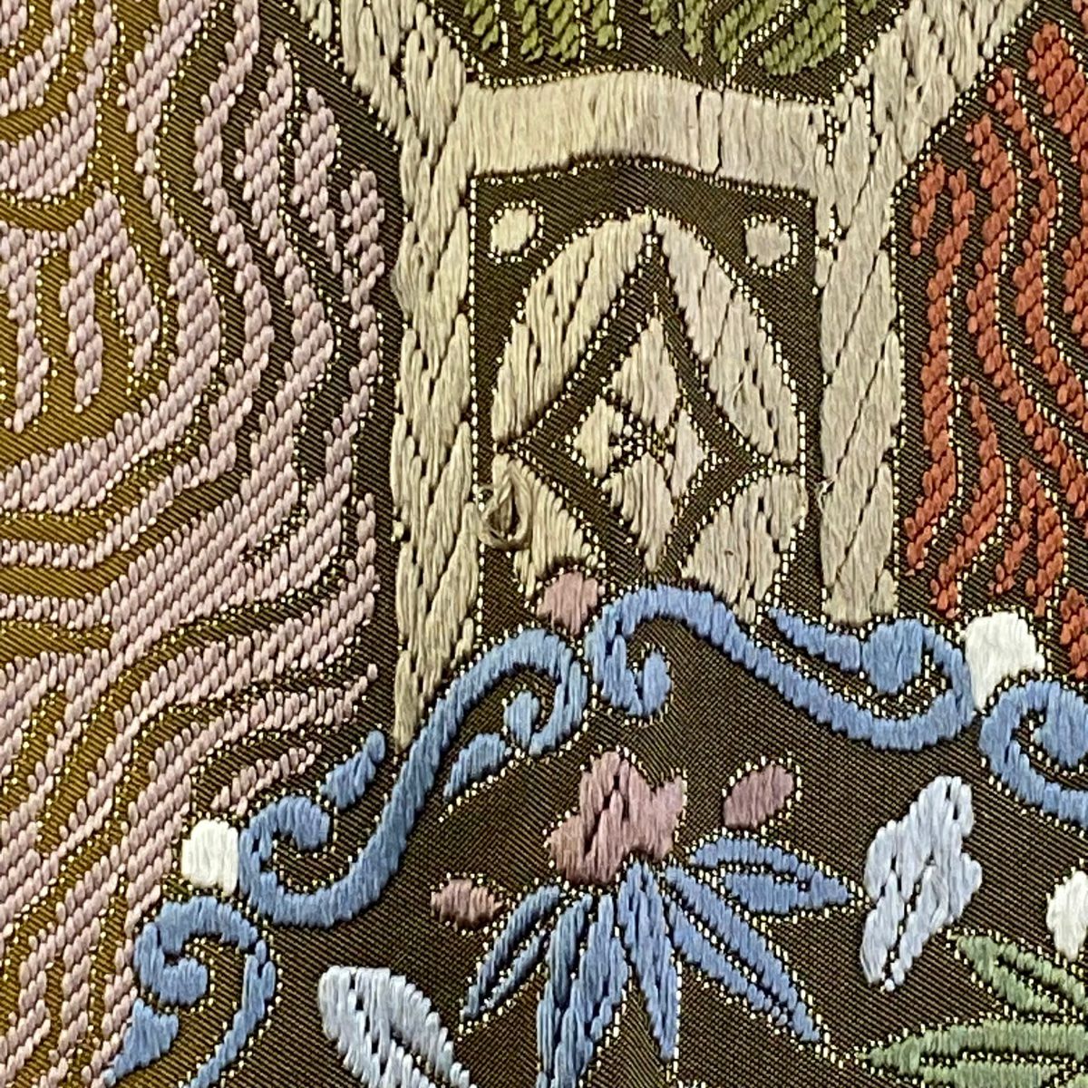 袋帶 秀品級 華紋 蜀江文 刺繡 金金箔 山吹茶 六通 純蠶絲