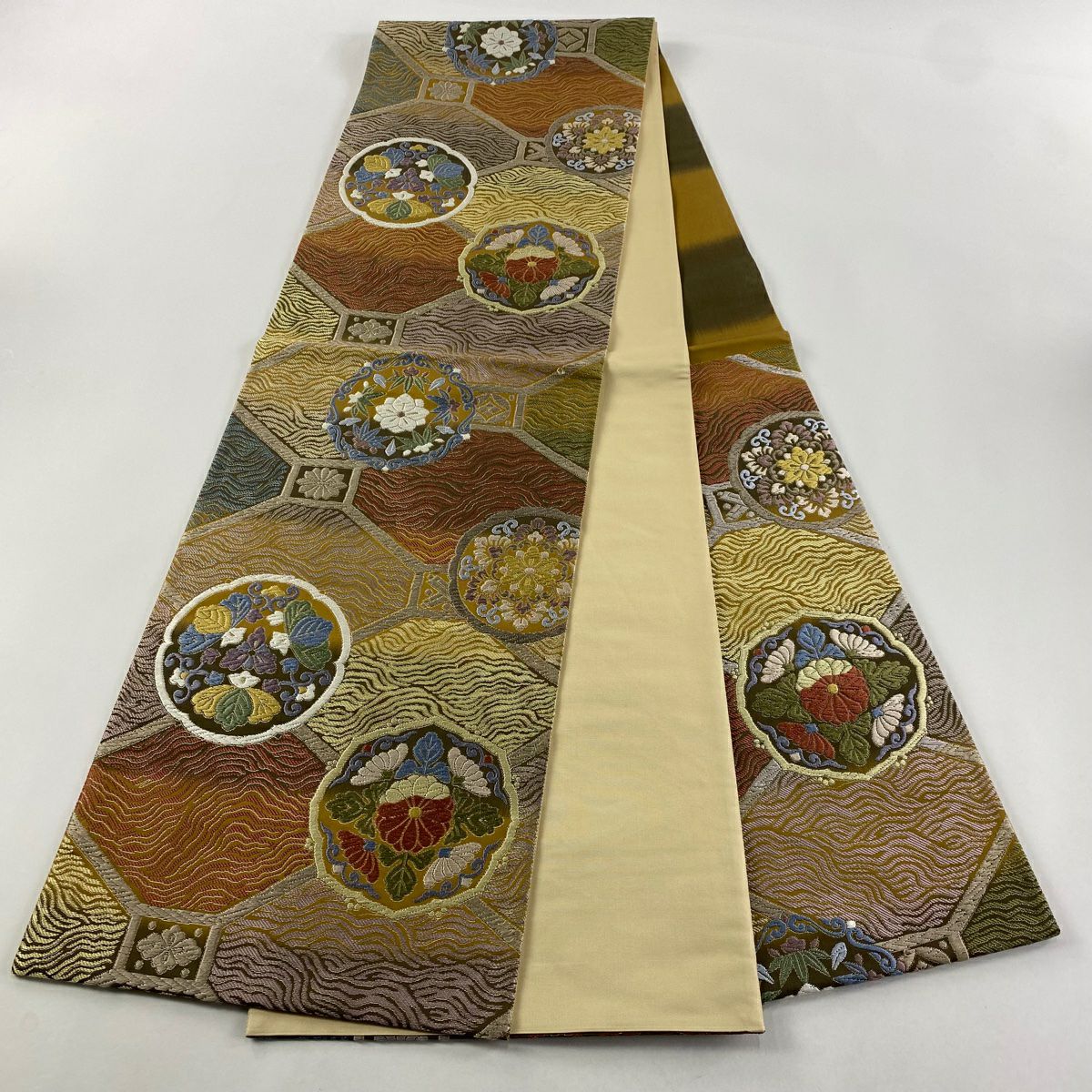 袋帶 秀品級 華紋 蜀江文 刺繡 金金箔 山吹茶 六通 純蠶絲