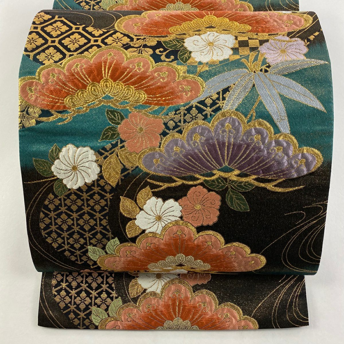 袋帶 秀品級 笠松樹 笹 刺繡 金線 深綠 六通 純蠶絲