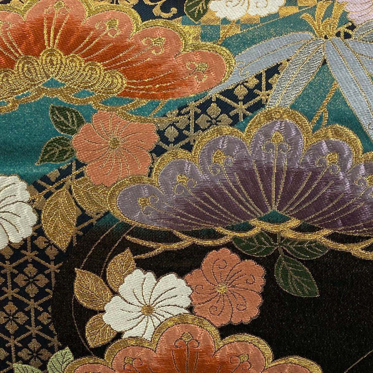 袋帶 秀品級 笠松樹 笹 刺繡 金線 深綠 六通 純蠶絲