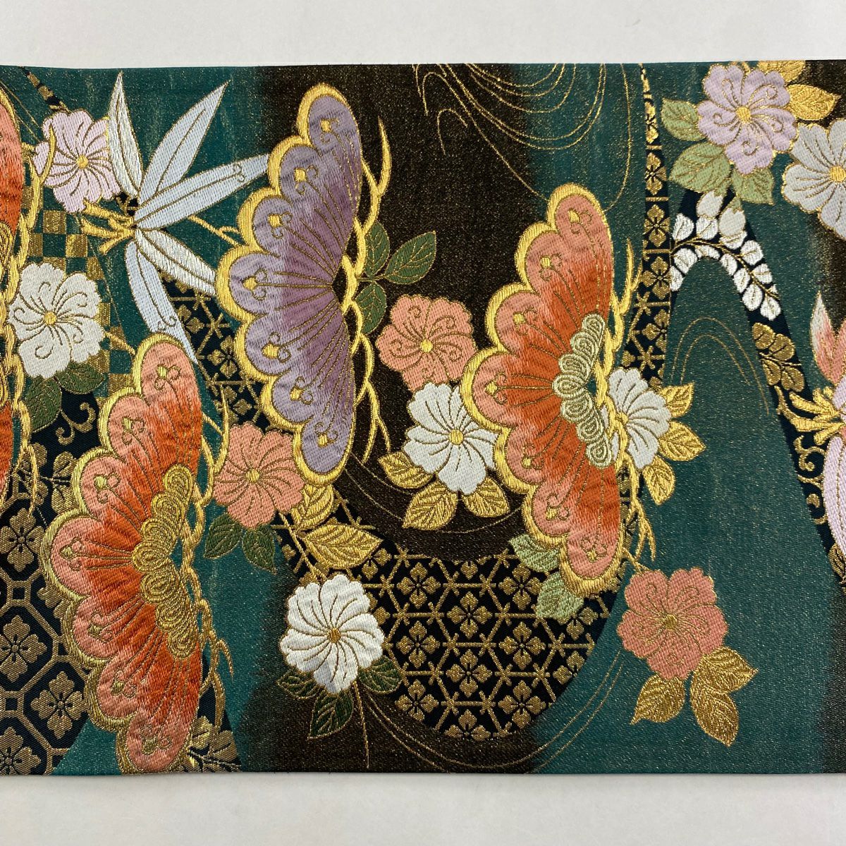 袋帶 秀品級 笠松樹 笹 刺繡 金線 深綠 六通 純蠶絲