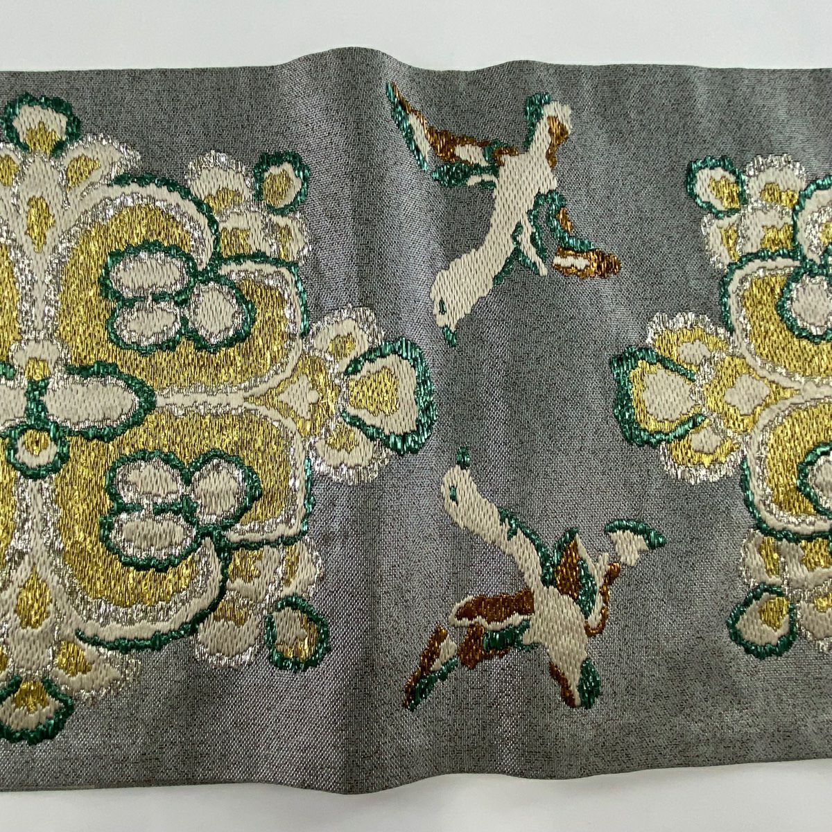 【庫存清倉】 袋帶 名品級 草花紋紋 鳥 金絲 金金箔 銀 六通 純蠶絲