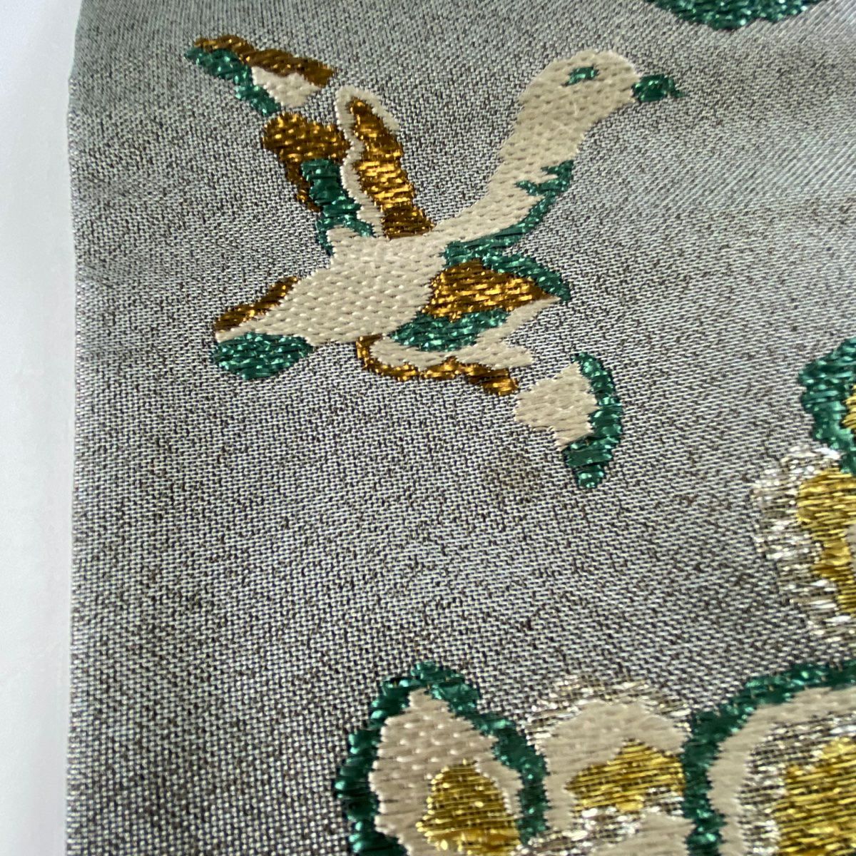 【庫存清倉】 袋帶 名品級 草花紋紋 鳥 金絲 金金箔 銀 六通 純蠶絲