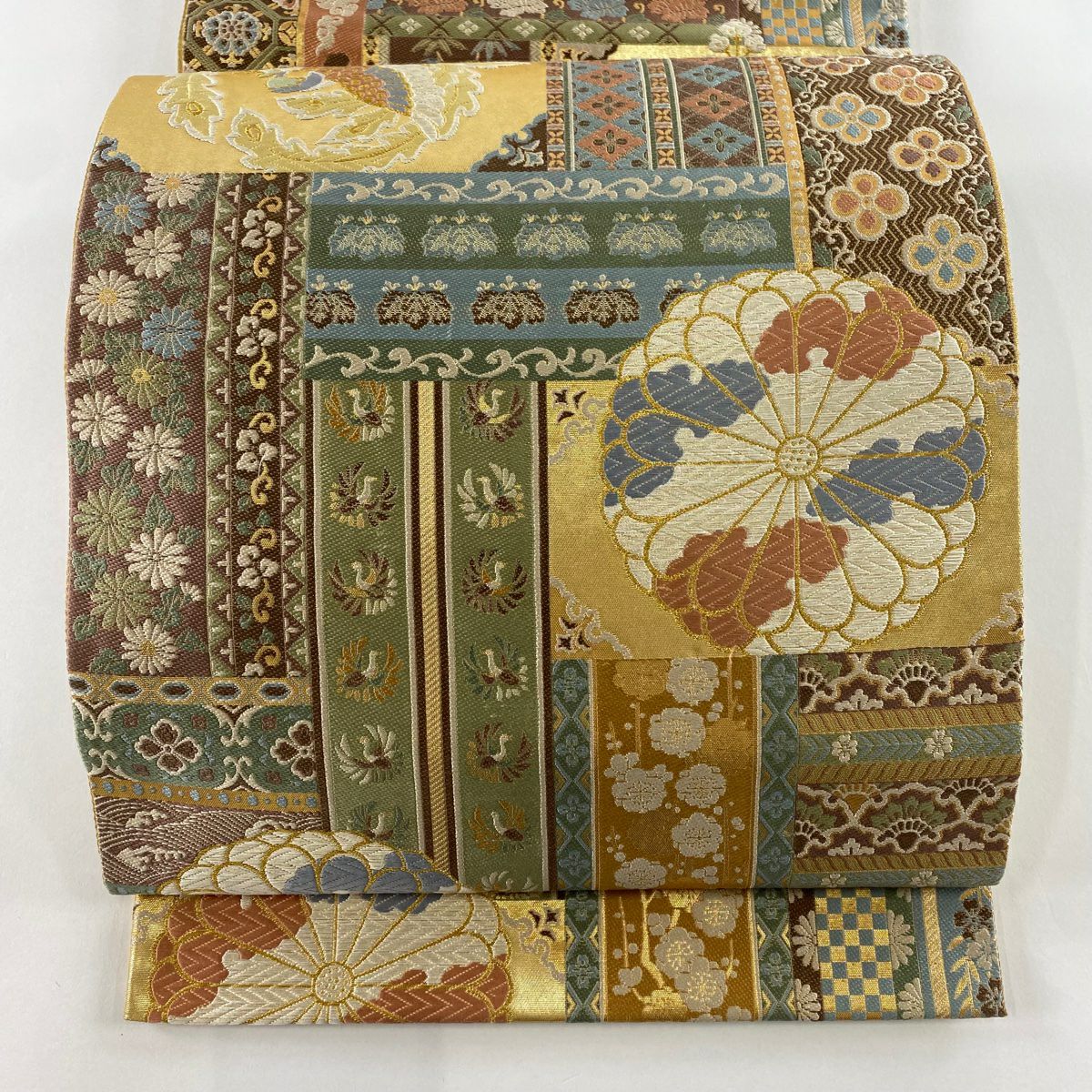 【庫存清倉】 袋帶 美品 名品級 鳳凰 草花紋紋 唐織 金金箔 米色 六通 純蠶絲