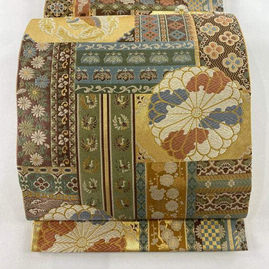 【庫存清倉】 袋帶 美品 名品級 鳳凰 草花紋紋 唐織 金金箔 米色 六通 純蠶絲