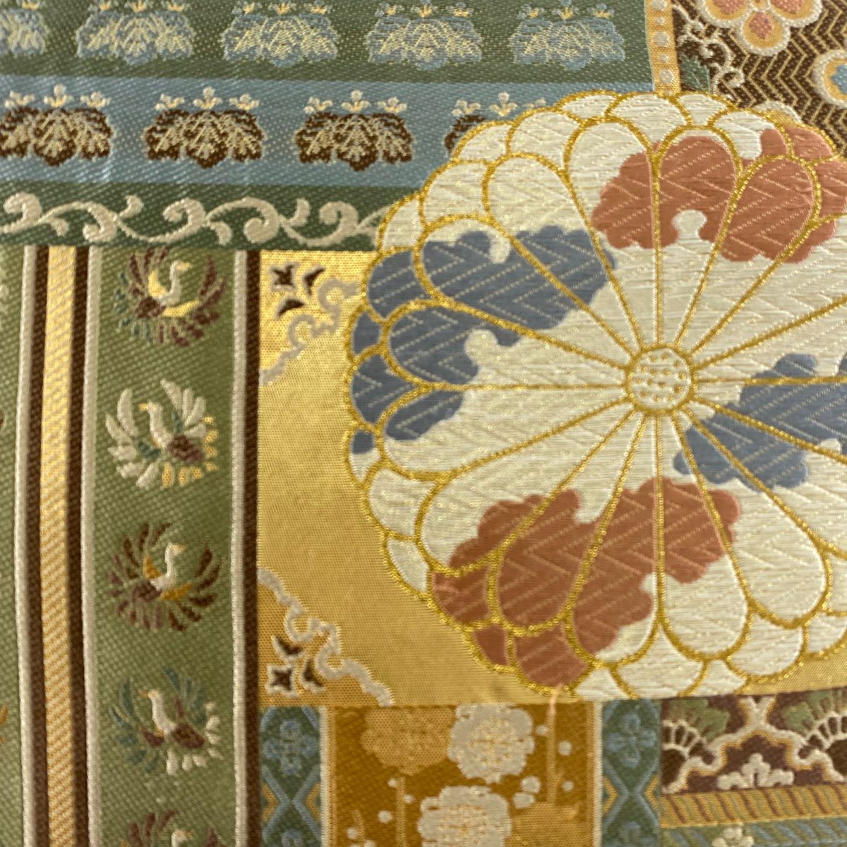 【庫存清倉】 袋帶 美品 名品級 鳳凰 草花紋紋 唐織 金金箔 米色 六通 純蠶絲