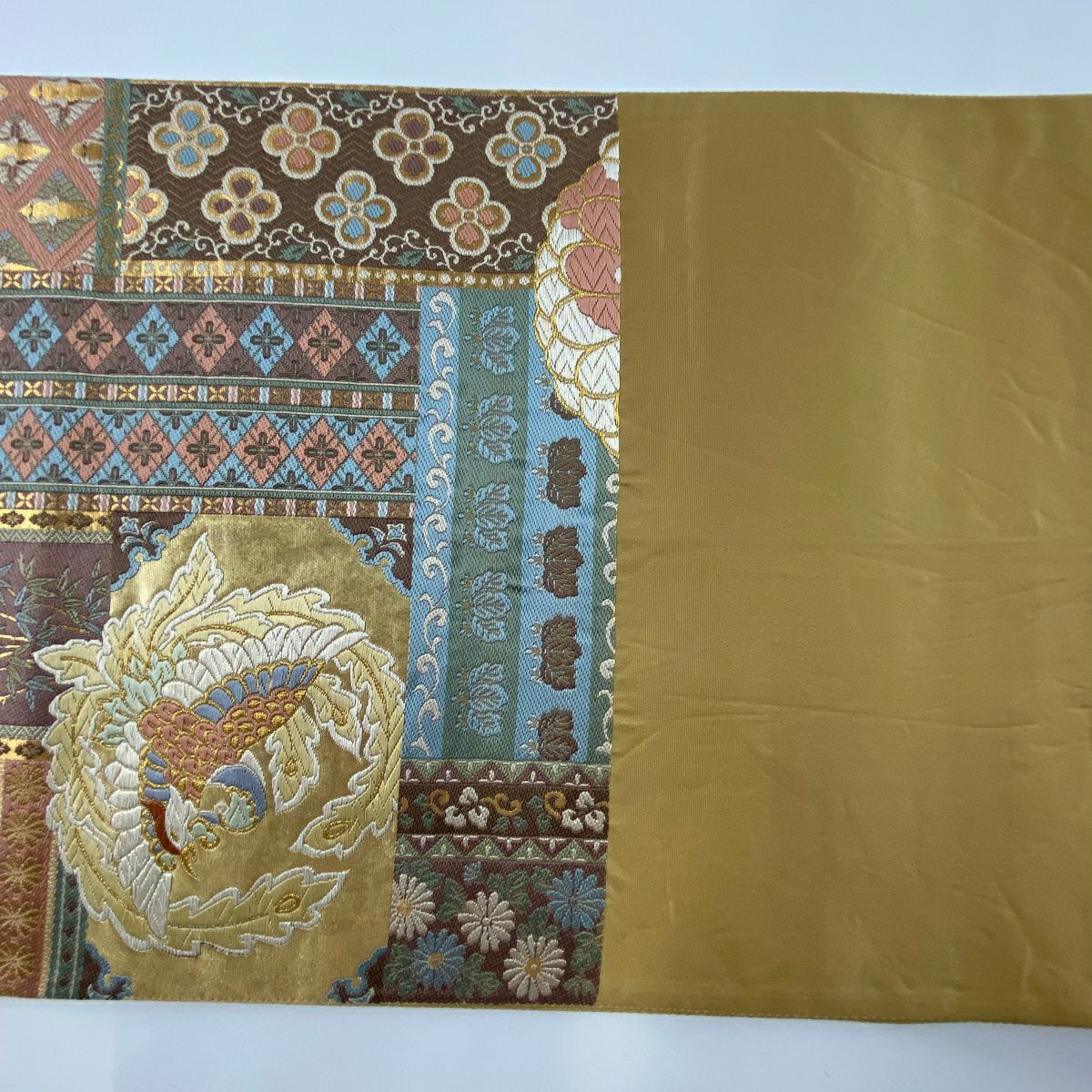 【庫存清倉】 袋帶 美品 名品級 鳳凰 草花紋紋 唐織 金金箔 米色 六通 純蠶絲