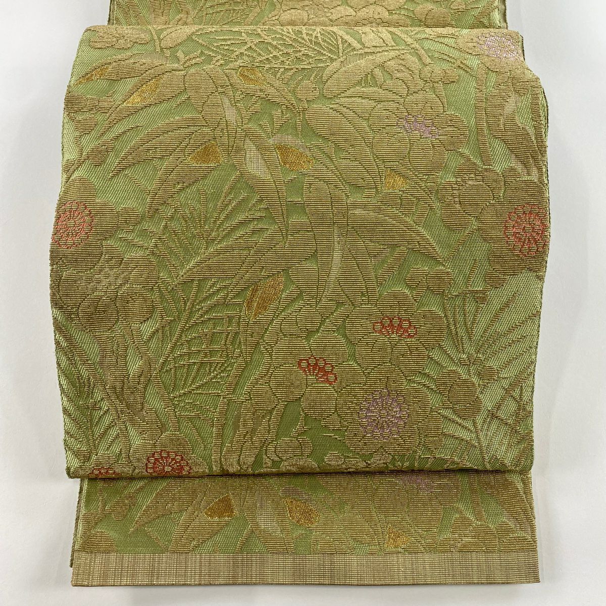 【庫存清倉】 袋帶 美品 名品級 松樹竹子梅花 草花紋 金糸 輪奈織 淺綠 お太鼓圖案 純蠶絲
