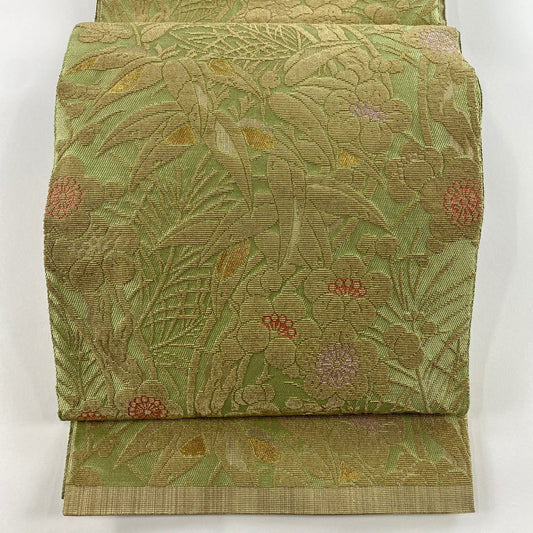 【庫存清倉】 袋帶 美品 名品級 松樹竹子梅花 草花紋 金糸 輪奈織 淺綠 お太鼓圖案 純蠶絲