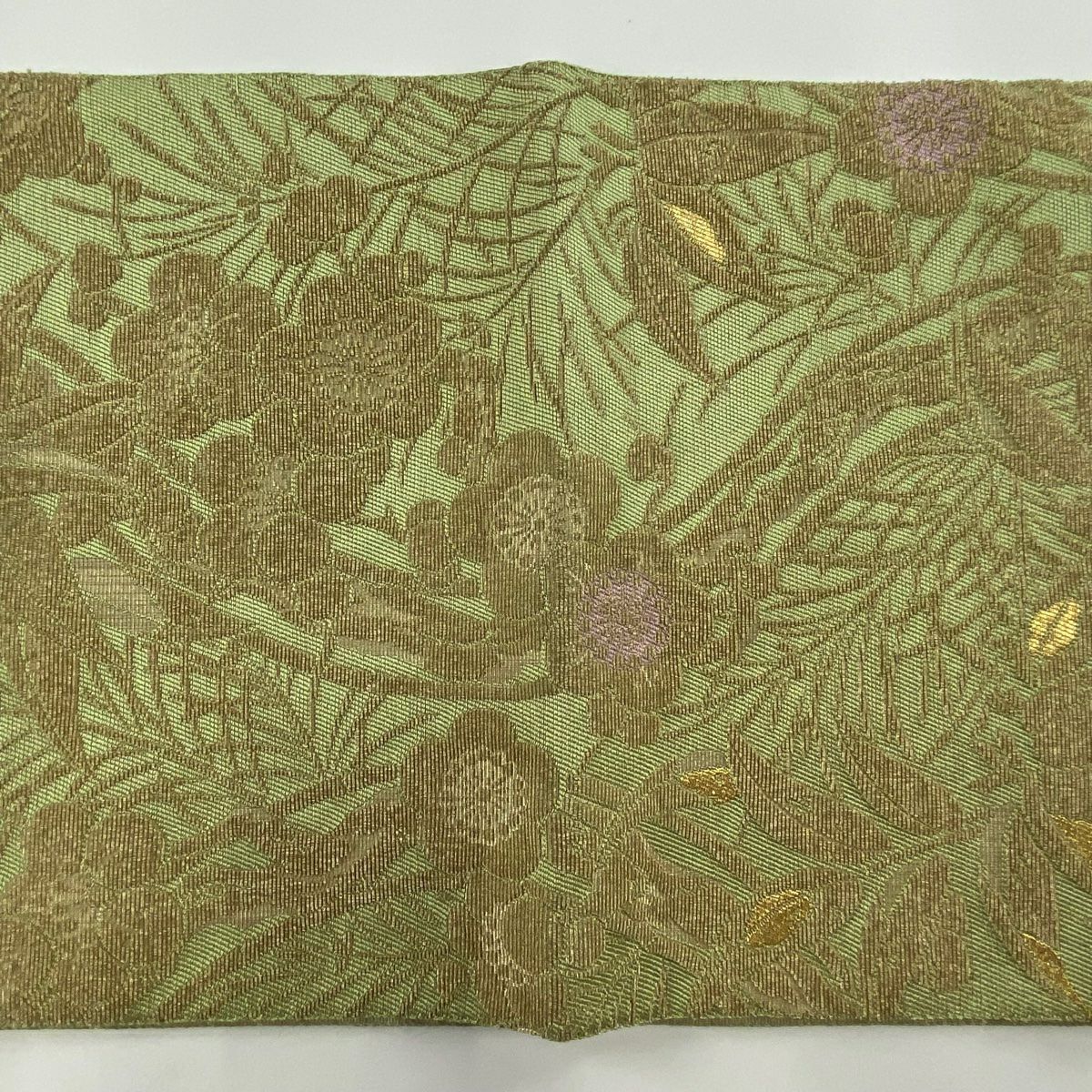 【庫存清倉】 袋帶 美品 名品級 松樹竹子梅花 草花紋 金糸 輪奈織 淺綠 お太鼓圖案 純蠶絲
