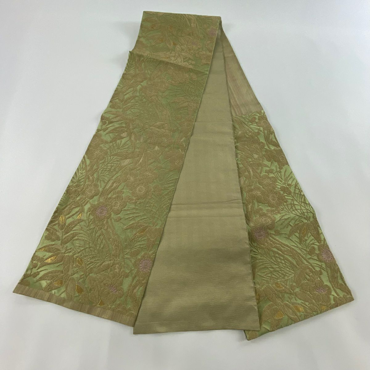 【庫存清倉】 袋帶 美品 名品級 松樹竹子梅花 草花紋 金糸 輪奈織 淺綠 お太鼓圖案 純蠶絲