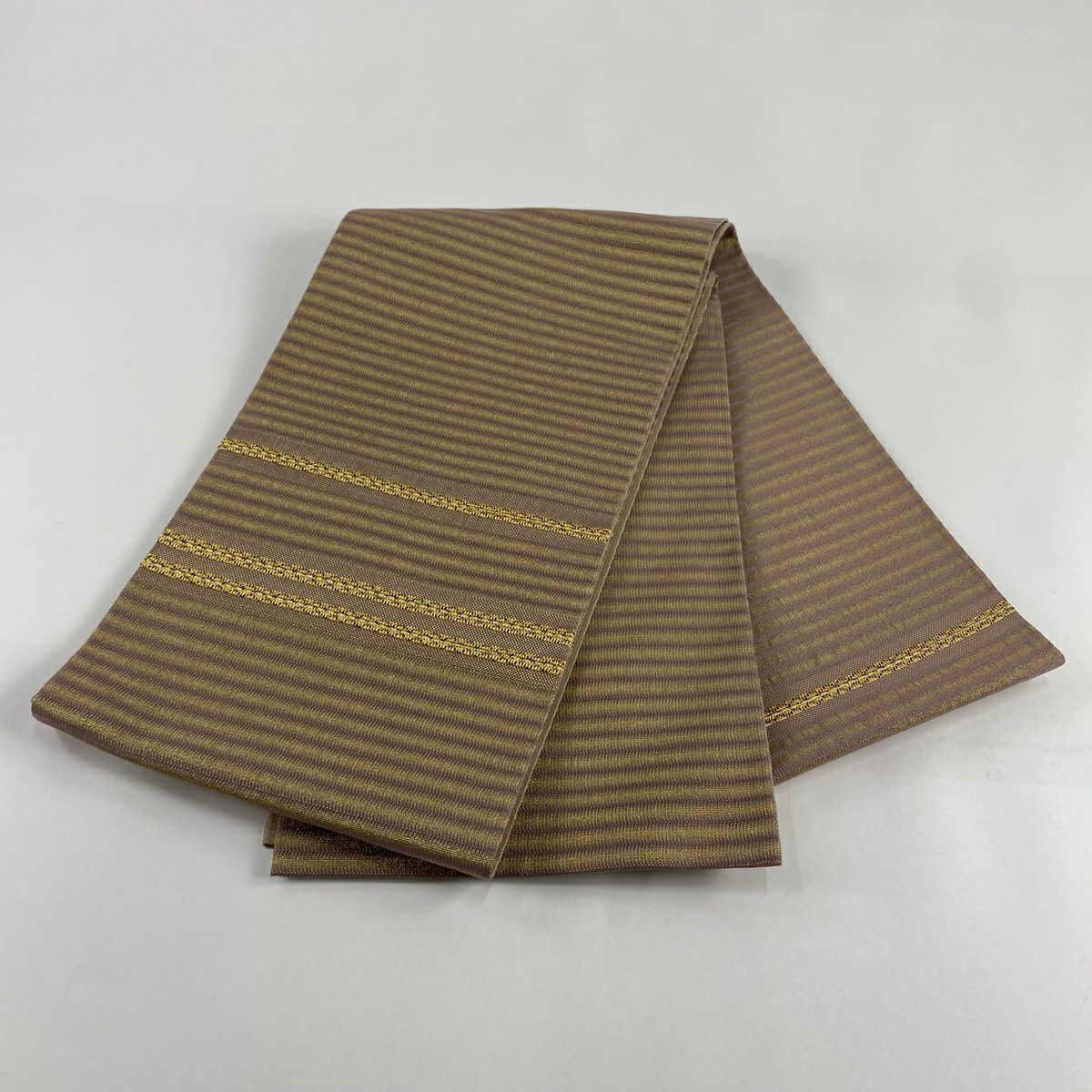 袋帶 美品 秀品級 條紋 幾何圖案 金絲 淺紫色 大鼓圖案 純蠶絲