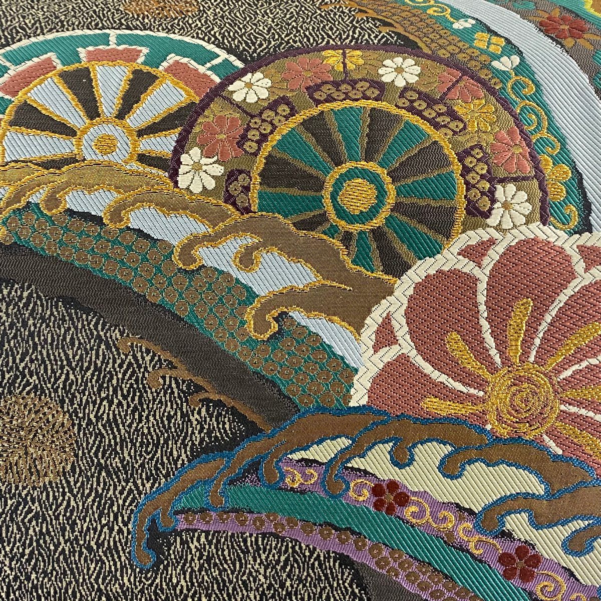 袋帶 美品 秀品級 片輪車 波頭 金糸 唐織 焦茶 六通 純蠶絲