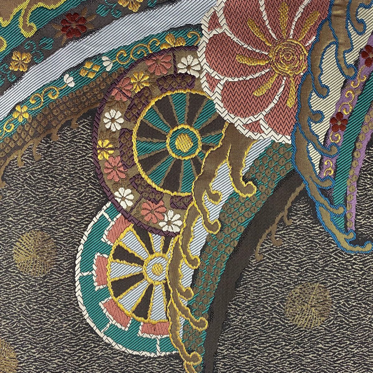 袋帶 美品 秀品級 片輪車 波頭 金糸 唐織 焦茶 六通 純蠶絲