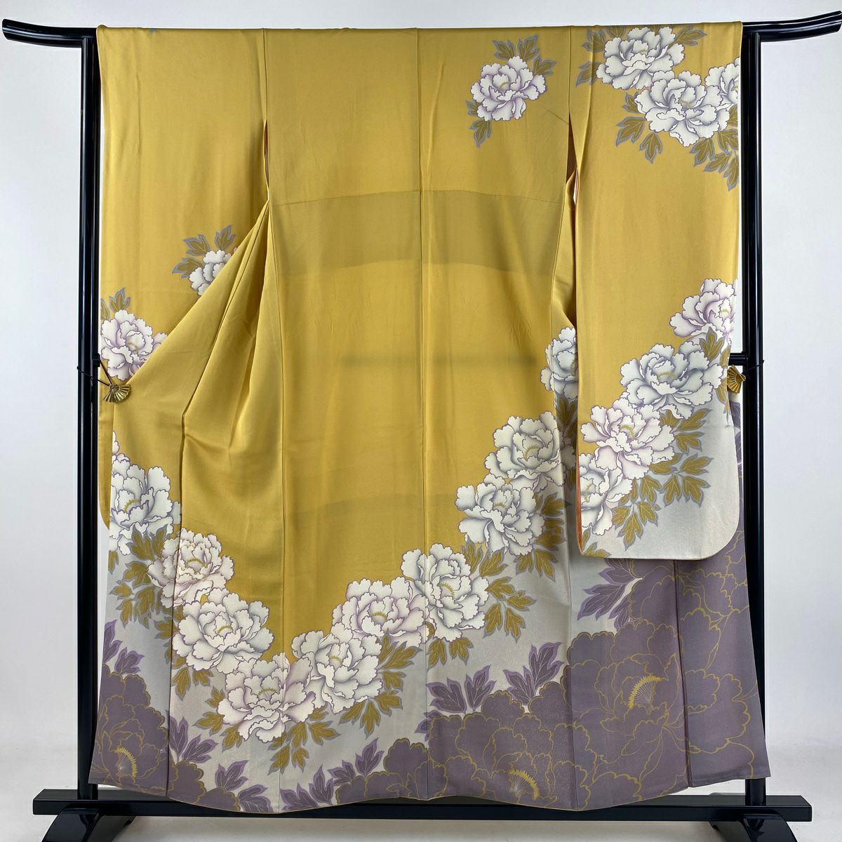 振袖禮服 身長155cm 袖長64cm M 雙層 牡丹 金通 金絲 山吹 純蠶絲 逸品級