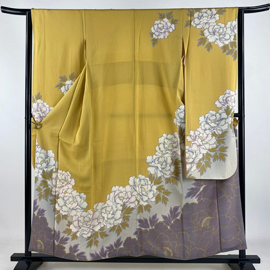 振袖禮服 身長155cm 袖長64cm M 雙層 牡丹 金通 金絲 山吹 純蠶絲 逸品級
