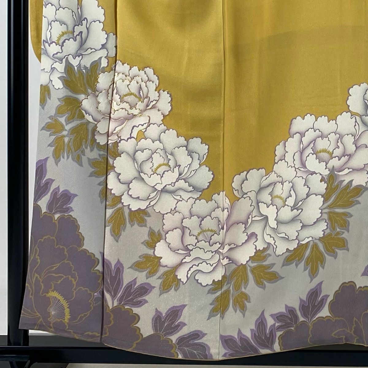 振袖禮服 身長155cm 袖長64cm M 雙層 牡丹 金通 金絲 山吹 純蠶絲 逸品級