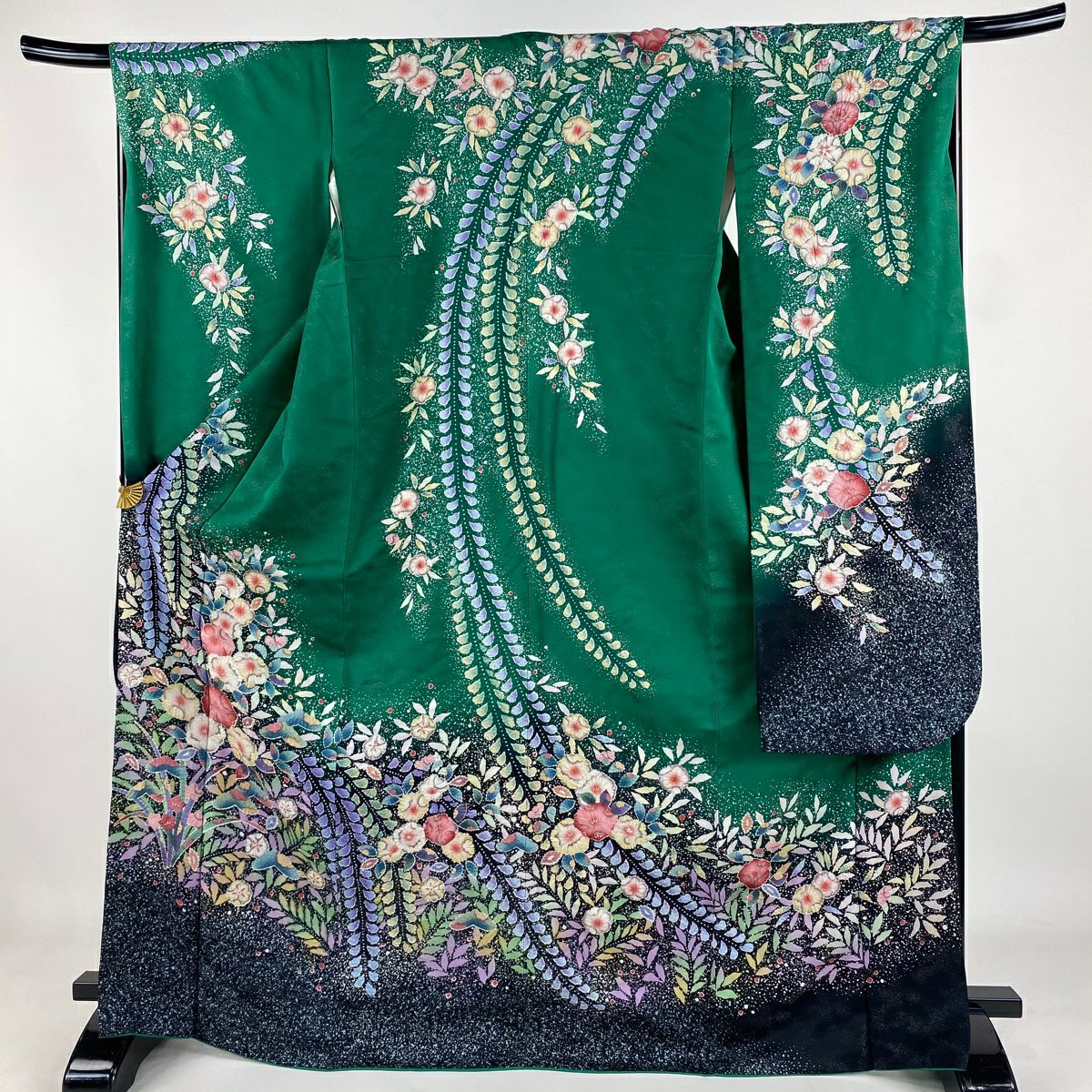 【美品】振袖禮服 身長169cm 袖長68cm L 雙層 德永正峰 落款あり 辻花染 銀通し 染分 綠 純蠶絲 逸品級