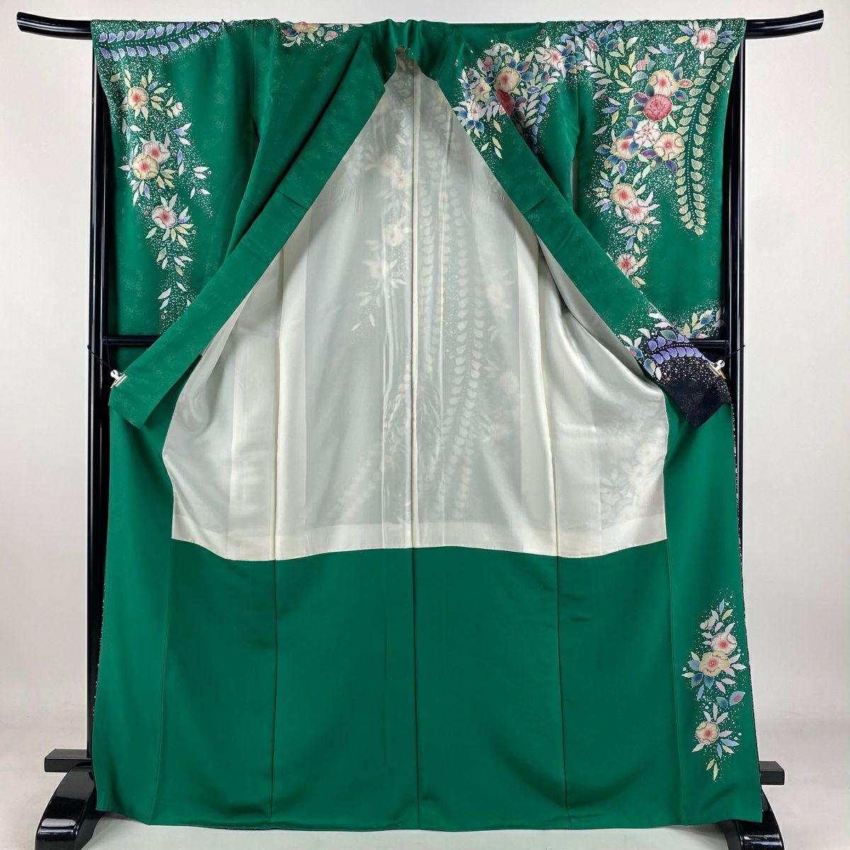 【美品】振袖禮服 身長169cm 袖長68cm L 雙層 德永正峰 落款あり 辻花染 銀通し 染分 綠 純蠶絲 逸品級