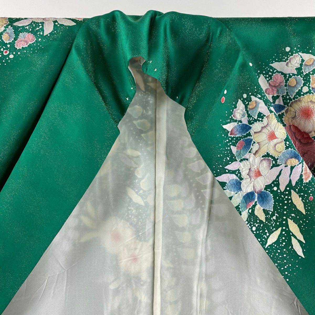 【美品】振袖禮服 身長169cm 袖長68cm L 雙層 德永正峰 落款あり 辻花染 銀通し 染分 綠 純蠶絲 逸品級