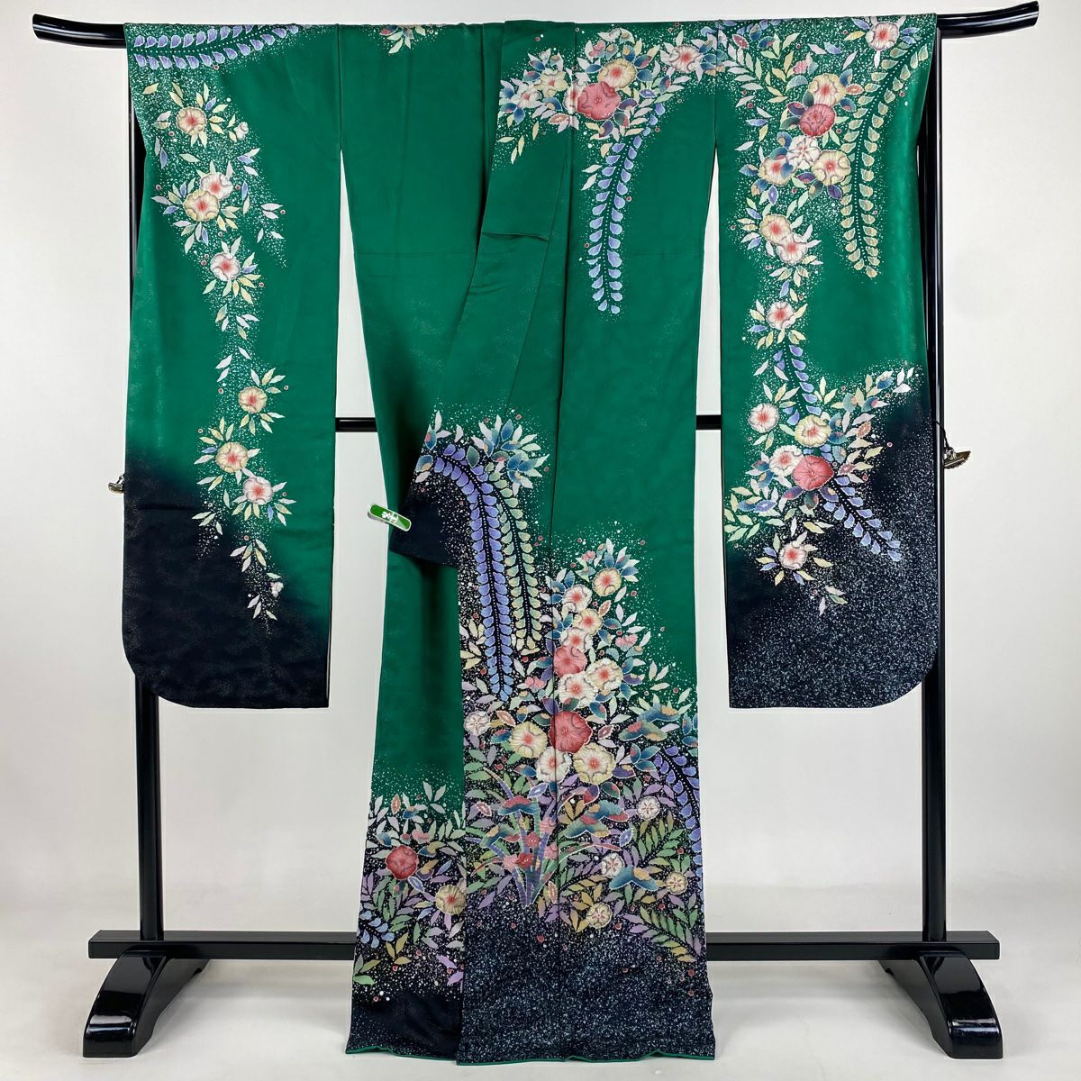 【美品】振袖禮服 身長169cm 袖長68cm L 雙層 德永正峰 落款あり 辻花染 銀通し 染分 綠 純蠶絲 逸品級
