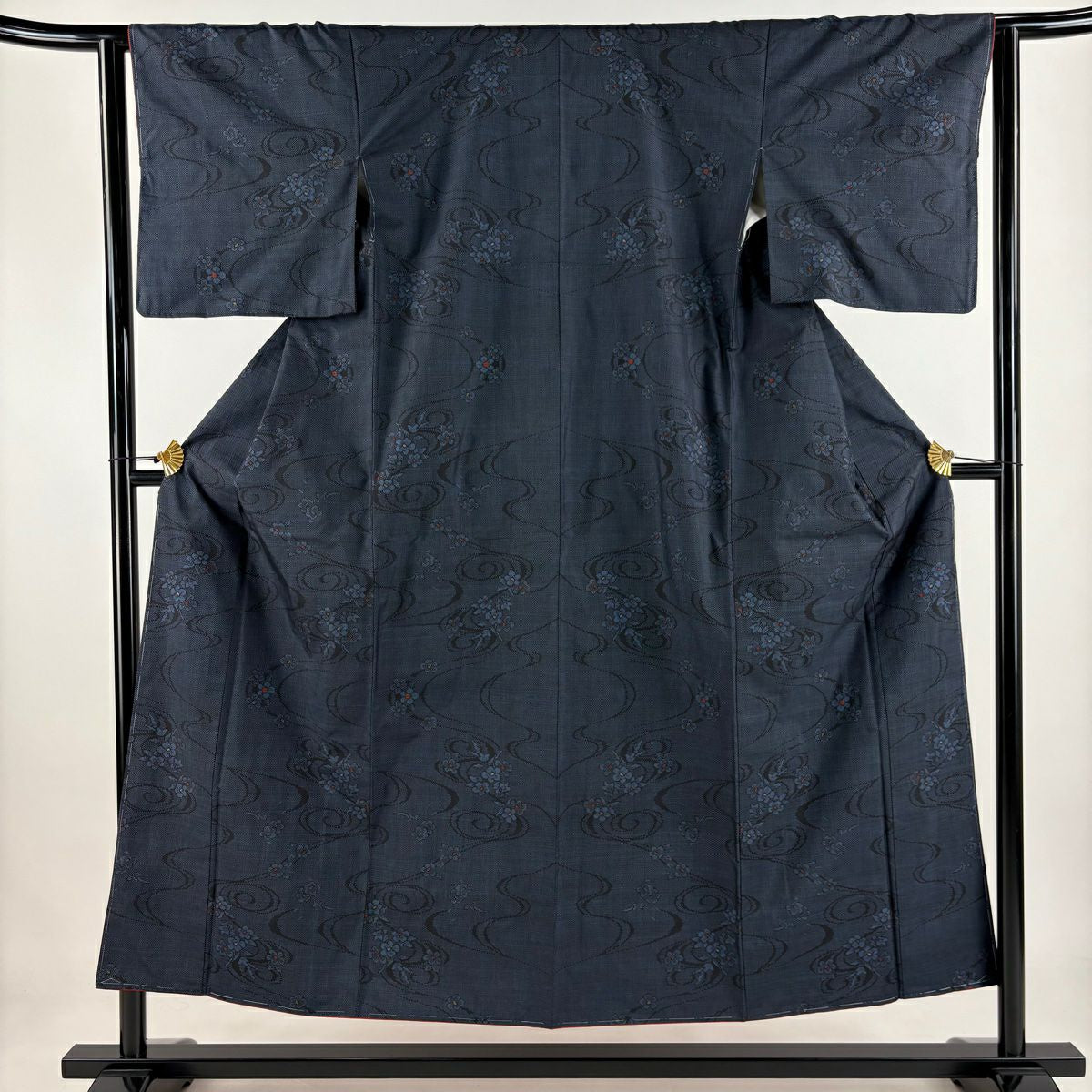 【美品】 紬織織 身長152cm 袖長63cm S 雙層 草花紋紋 流水 深藍 純蠶絲 秀品級