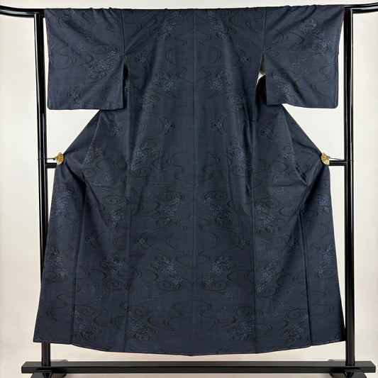 【美品】 紬織織 身長152cm 袖長63cm S 雙層 草花紋紋 流水 深藍 純蠶絲 秀品級