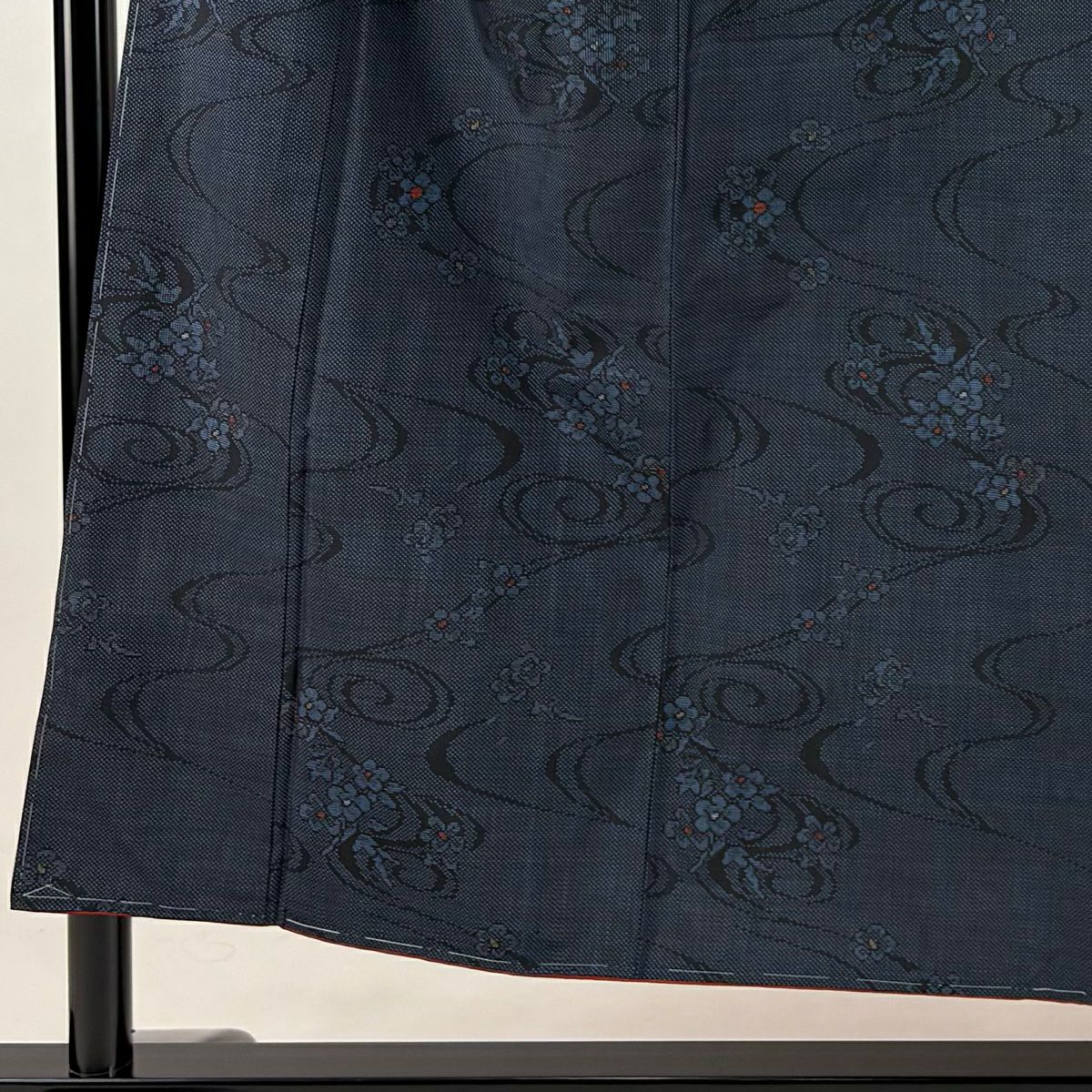 【美品】 紬織織 身長152cm 袖長63cm S 雙層 草花紋紋 流水 深藍 純蠶絲 秀品級
