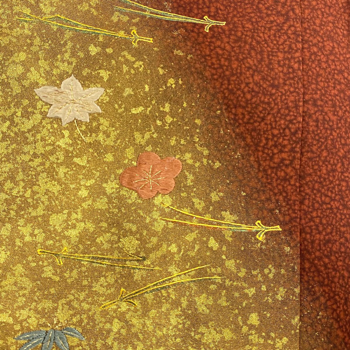 付下 身長156cm 袖長62.5cm S 雙層 松樹竹子梅花 刺繡 金線 紅茶 純蠶絲 優品級