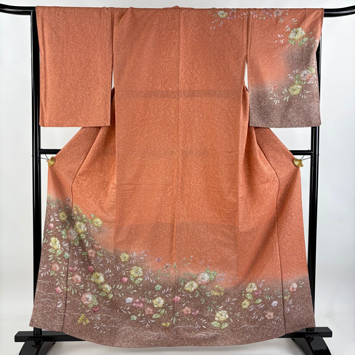 訪問服 身長161cm 袖長66.5cm M 雙層 辻花染 芝 染分 ぼかし 鮭粉色 純蠶絲 美品 名品級