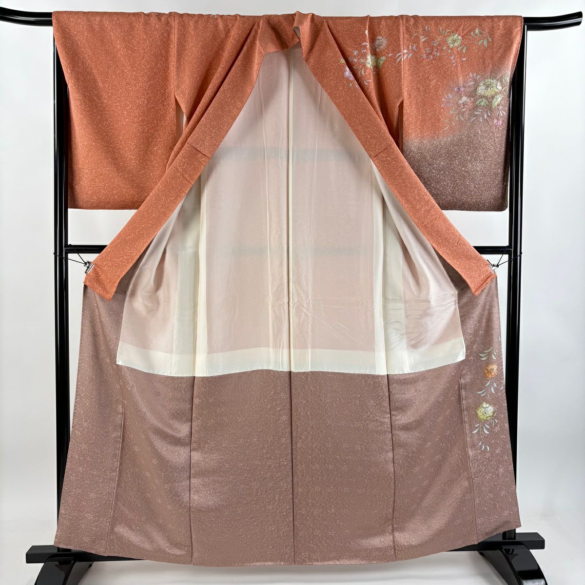 訪問服 身長161cm 袖長66.5cm M 雙層 辻花染 芝 染分 ぼかし 鮭粉色 純蠶絲 美品 名品級
