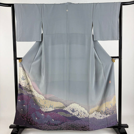 【庫存清倉】 留袖禮服禮服 身長159.5cm 袖長64.5cm M 雙層 滝泰 落款有 松樹竹子梅花 霞 絞染 刺繡 青灰 純蠶絲 名品級 一つ紋