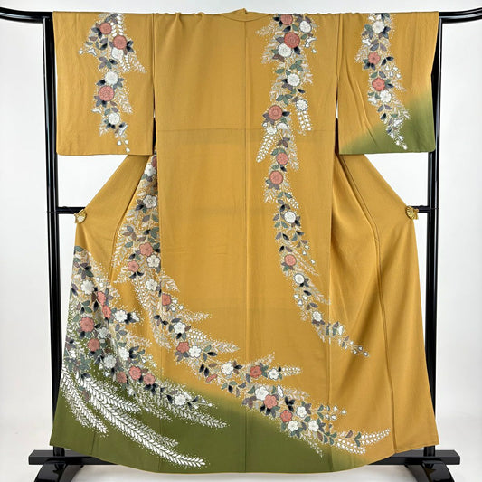 【庫存清倉】訪問服 身長159.5cm 袖長65.5cm M 雙層 辻花染圖案 漸層山吹茶 純蠶絲 名品級