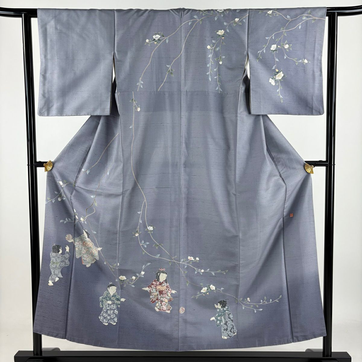 【庫存清倉】訪問服 身長153cm 袖長61.5cm S 雙層 紬織織 亞麻 落款有 童枝花 漸變 灰紫 純蠶絲 名品級