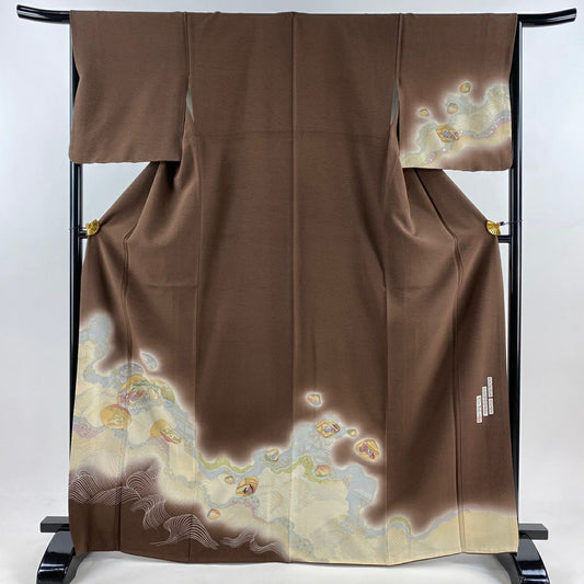 付下 身長167.5cm 袖長66cm M 雙層 樽本伊勢蔵 有落款 貝合 人物 金銀彩 漸層 焦茶 純蠶絲 名品級