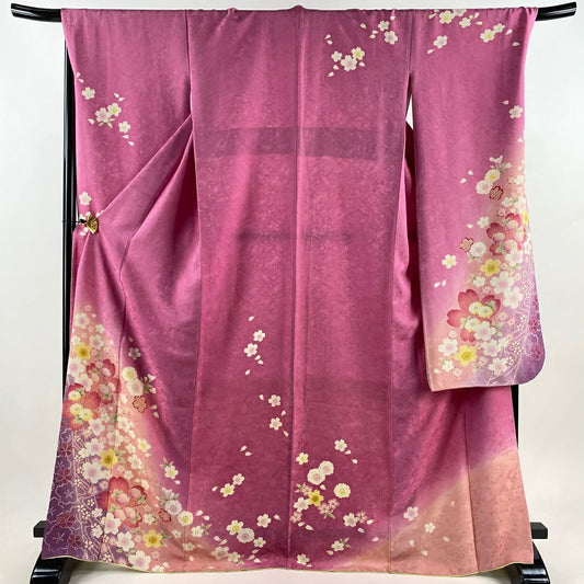 振袖禮服 身長171cm 袖長70cm L 雙層櫻花花瓣金銀彩暈染粉色純蠶絲名品級
