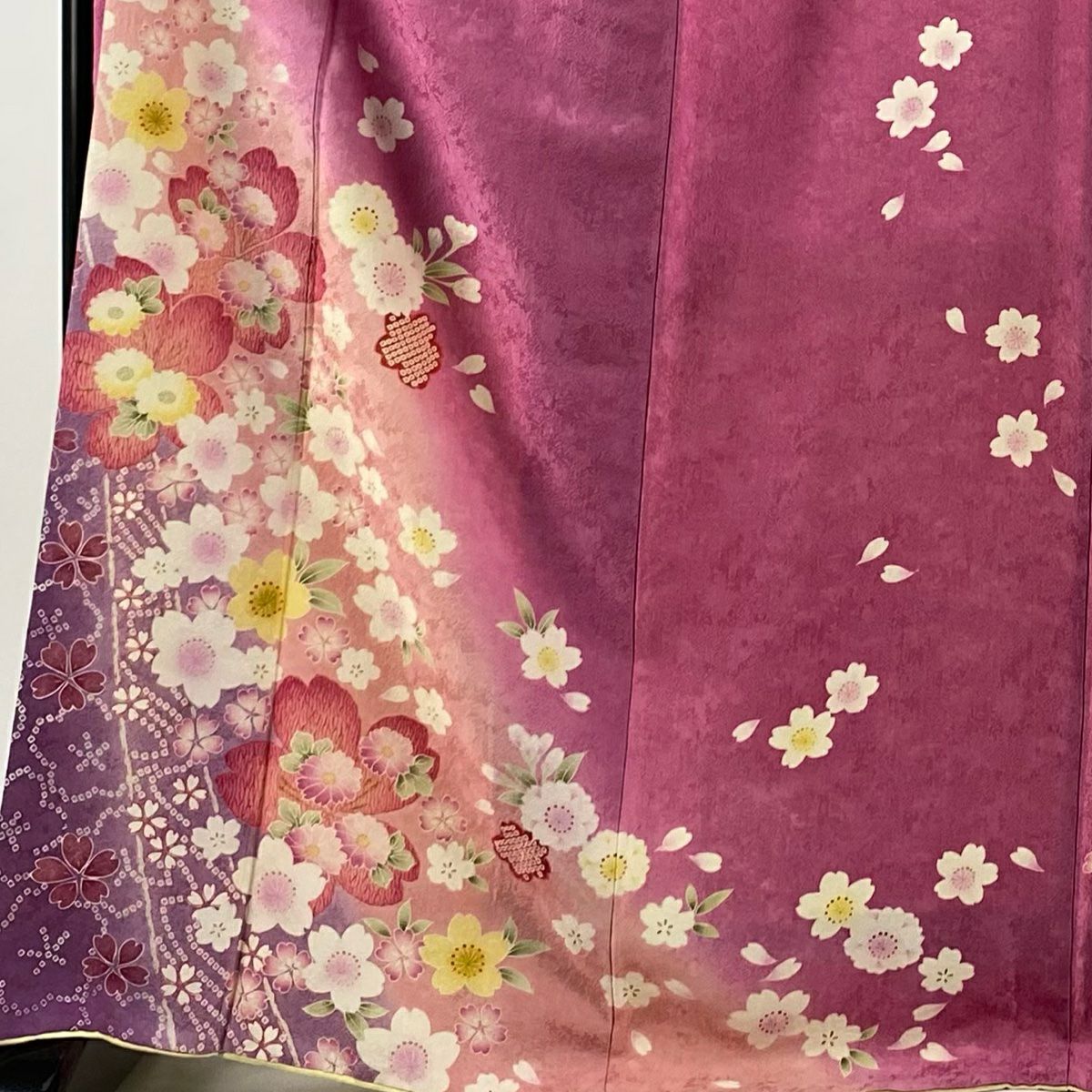 振袖禮服 身長171cm 袖長70cm L 雙層櫻花花瓣金銀彩暈染粉色純蠶絲名品級