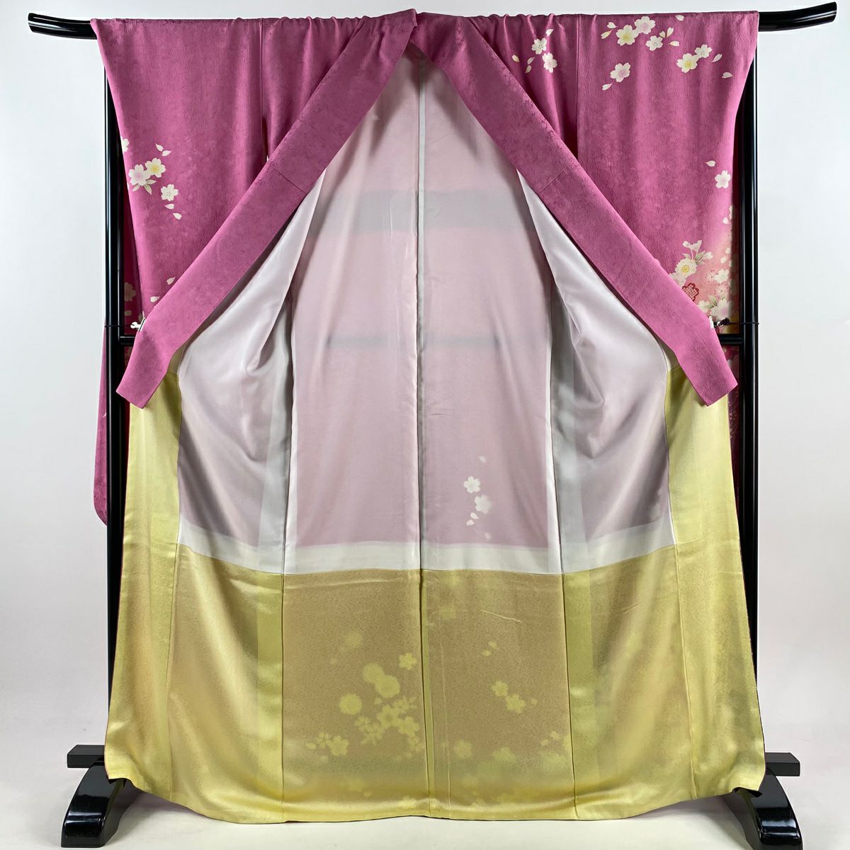 振袖禮服 身長171cm 袖長70cm L 雙層櫻花花瓣金銀彩暈染粉色純蠶絲名品級